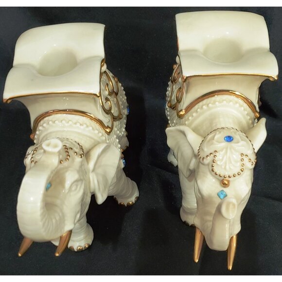 Lenox JEWELED ELEPHANTS 2 taper candle holders candlesticks cream porcelain 5"hi - Picture 6 of 16
